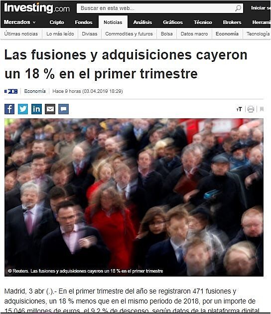 Las fusiones y adquisiciones cayeron un 18 % en el primer trimestre